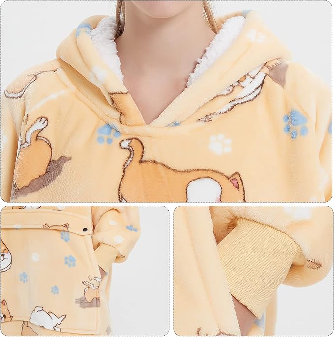 KFUBUO Wearable Blanket Hoodie for Adults Sherpa All Patterns Dog Oversized Sweatshirt Blanket with Pockets for Mom