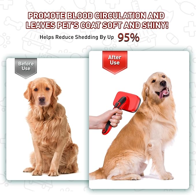 Self Cleaning Slicker Brush for Shedding Long Short Haired Dogs & Cats, Remove Loose Tangling Knot Undercoat Fur Mats, Grooming Brush with Retractable Bristles for Small Medium Large Pet, Red