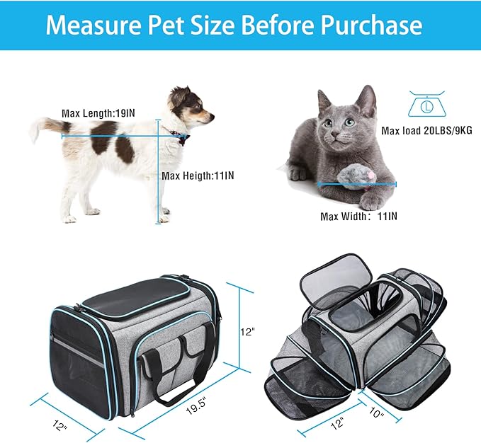 Airline Approved Pet Carrier, Large Soft Sided Pet Travel TSA Carrier 4 Sides Expandable Cat Collapsible Carrier with Removable Fleece Pad and Pockets for Cats Dogs and Small Animals