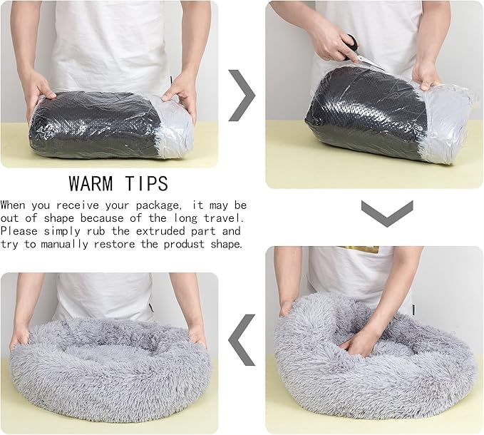 Large Dog Bed, Calming Donut Round Cat Bed for Medium Pet, Comfy Luxury Cuddler Anti Anxiety Plush Furry Cusion Mat(Grey 31.5")