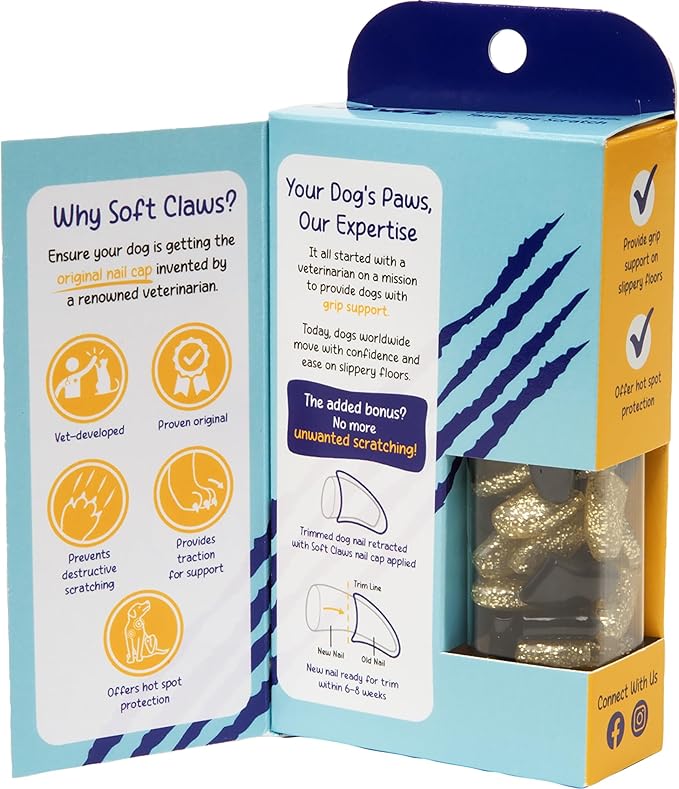 Soft Claws Nail Caps for Dogs with Non-Slip Design Made in USA - 40 Dog Nail Covers for Long-Lasting Protection of Floors and Furniture - Black & Gold Sparkle, X-Large