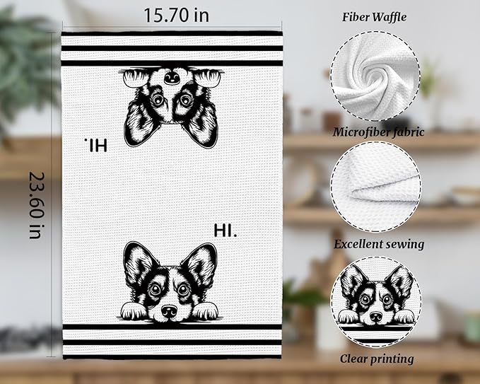 Hi Corgi Waffle Kitchen Towels, Gifts for Corgi Lovers Moms Dish Tea Towels for Kitchen, Dog Lover Gifts Decorative Hand Towels for Bathroom Guest Room Decor, 16x24 Inch