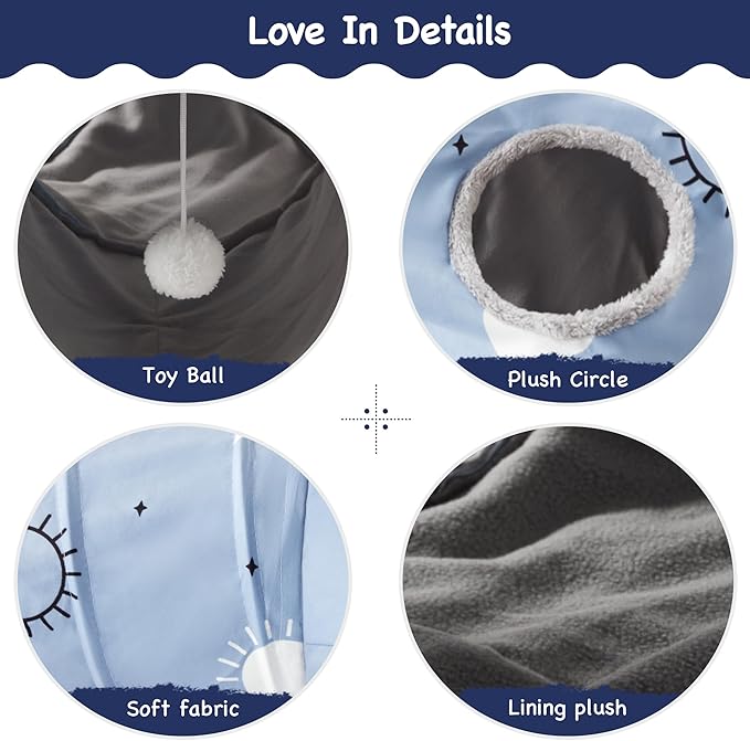 Tempcore Pet Cat Tunnel Tube Cat Toys 3 Way Collapsible, Cat Tunnels for Indoor Cats Fleece-Lined in for Warmth，Kitty Tunnel Bored Cat Pet Toys Peek Hole Toy Ball Cat, Puppy, Kitten, Rabbit Blue Sun