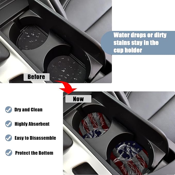 Car Cup Holder Coaster - American Flag Eagle Absorbent Ceramic Coaster, Car Coasters for Cup Holders, Auto Accessories for Women & Men, Pack of 2