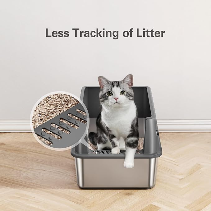 Barhon Stainless Steel Litter Box Small, Kitten Litter Box with High Sides 17" L x 13.3" W x 11.8" H, Metal Kitty Litter Box Easy to Clean, Non Sticky Bottom, Odor-Free, Light Grey