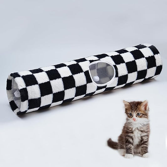 Luxurious Cat Tunnel,43" Straight Cat Tunnel Bed with Balls,Cat Toys for Indoor Cats,Collapsible Peekaboo Cat Cave for Kitten Toys（White and Black）