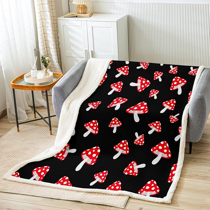 Feelyou Cute Mushrooms Plush Throw Blanket Red Mushrooms Sherpa Blanket Natural Wild Fungus Fleece Throw Blanket Botanical Fuzzy Blanket for Kids Boys Girls 40"x50" Black