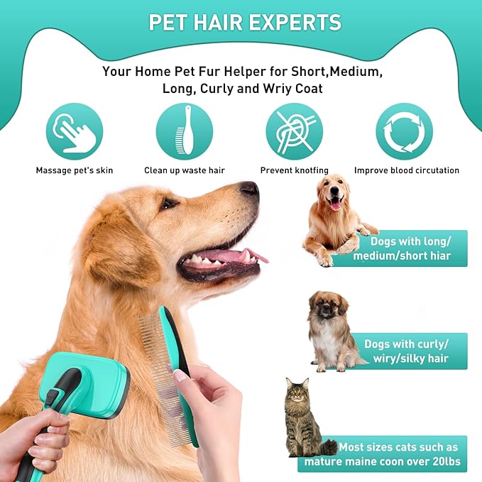 Dogs Self-Cleaning Slicker Brush for Shedding Long & Short Haired Cats, Safe Painless Bristles Removes Loose Undercoat, Tangled For All Size Pet, Grooming Set. Free Pet Comb + Nail Clippers