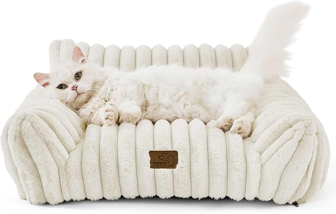 Bedsure Cute Cat Couch for Pets - Fluffy Cat Sofa with Premium Soft Corduroy Fleece, Fuzzy Cat Couch Bed with Removable Washable Cover, Supportive Cat Chair for Indoor Cats, 24inch, Cream
