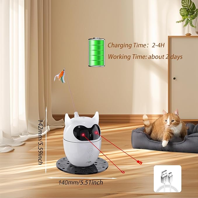 Interactive Cat Toy, 2 in 1 Automatic Cat Toy for Indoor Cats, Rechargeable Automatic Random Rotating Dual Cat Toy, Fluttering Moving Feather with Mini Bells, Cat Wand Toy for Cats/Kittens/Dogs