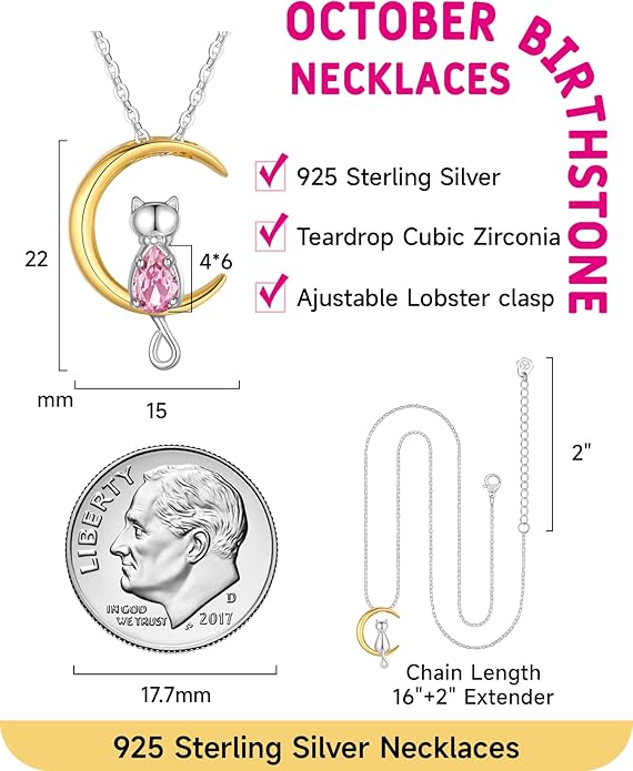 Birthstone Necklace for Women Girls, Cat Necklaces 925 Sterling Silver Teardrop Pendant 18K Gold-Plated Birthstone Jewelry Gifts for Birthday Easter