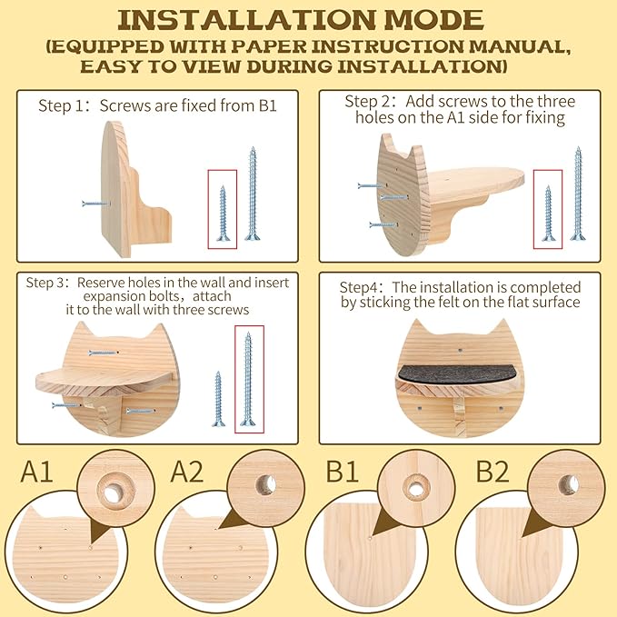 6 Pcs Cat Wall Furniture Wall Mounted Cat Wall Shelves with Scratching Mat Cat Stairs Cat Wall Steps Cat Ladder Cat Climbing Shelves Cat Perch Supplies for Cats Playing Climbing Indoor