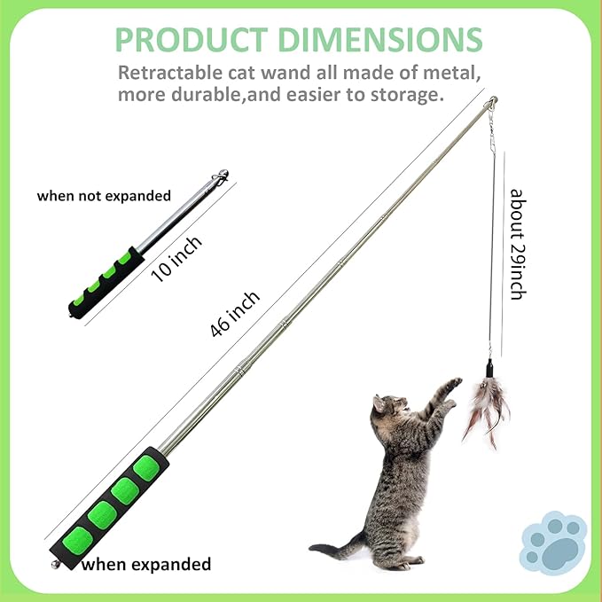Cat Fishing Pole for Indoor Cats,Interactive cat Toys with Colorful Feather and Bell. (Green)