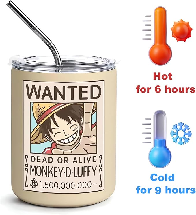 12 oz Vacuum Insulated Tumblers with Lid and Straw, Double-Walled Stainless Steel Coffee Mug for Office Home,Cute One Piece Manga Anime Gifts