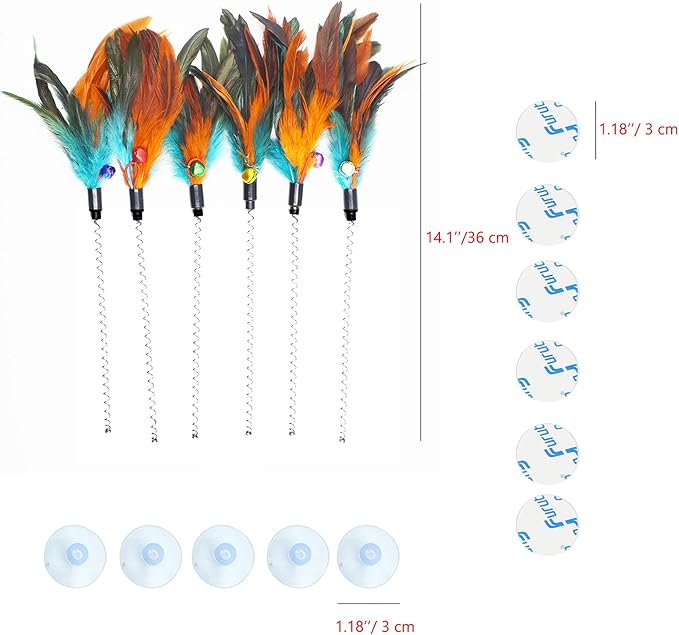 IUHKBH Cat Feather Wands, 6 PCS Spring Cat Wands with Bell Sucker Interactive Cat Teaser Wands for Cat and Kitten