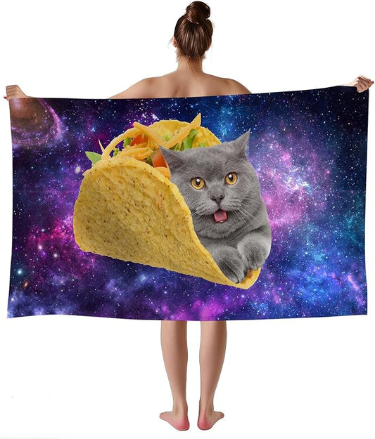 WZOMT Microfiber Cat Beach Towel, Cute Space Taco Cat Kitty Purple Galaxy Bath Towels, Cats Towels for Cats Lovers, Funny Quick Dry Sandproof Pool/Swim/Surfing Towel, Oversized 32x52 Inch