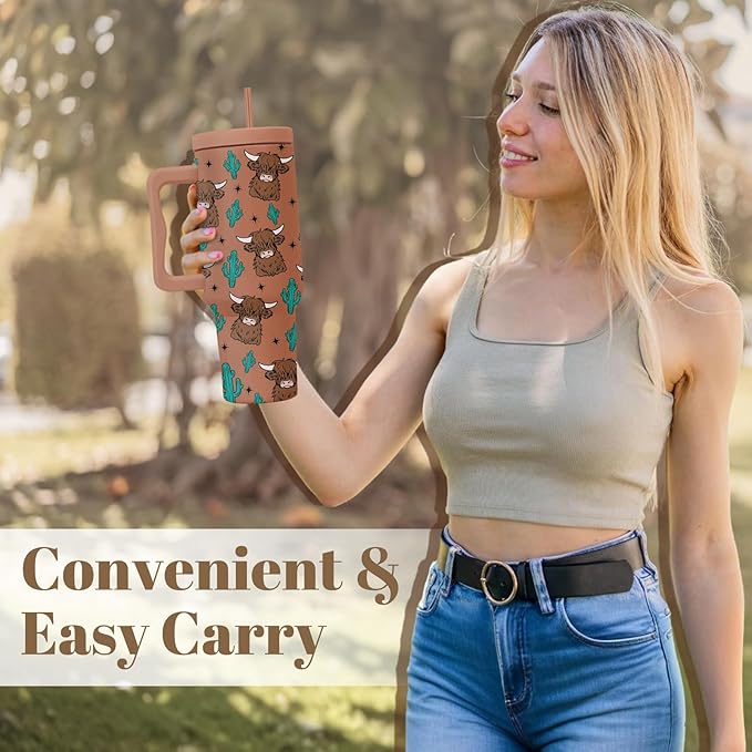 Highland Cow Tumbler, Cow Yak Bull Cup Gifts For Men, Cute Yak Cuctus Tumbler With Handle 40 Oz, Birthday Gifts For Cowboy Animal Enthusiasts, Cuctus Khaki Insulated Tumblers Cup