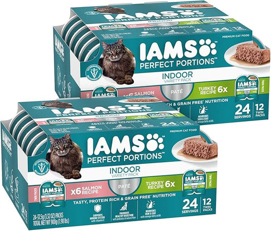 IAMS PERFECT PORTIONS Indoor Adult Grain Free* Wet Cat Food Pate Variety Pack, Salmon Recipe and Turkey Recipe, 2.6 oz. Easy Peel Twin-Pack Trays 24 Count, (Pack of 2)
