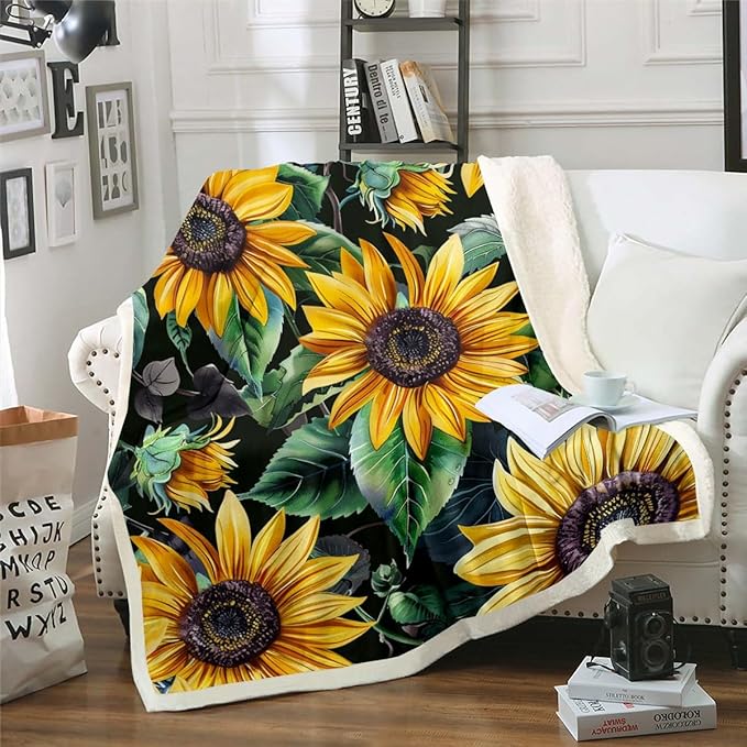 Sunflower Plush Blanket Floral Print Fleece Throw Blanket Blossom Flowers Pattern Sherpa Blanket for Sofa Couch Bed Botanical Branches Garden Fuzzy Blanket Room Decor Throw 50x60 Inch
