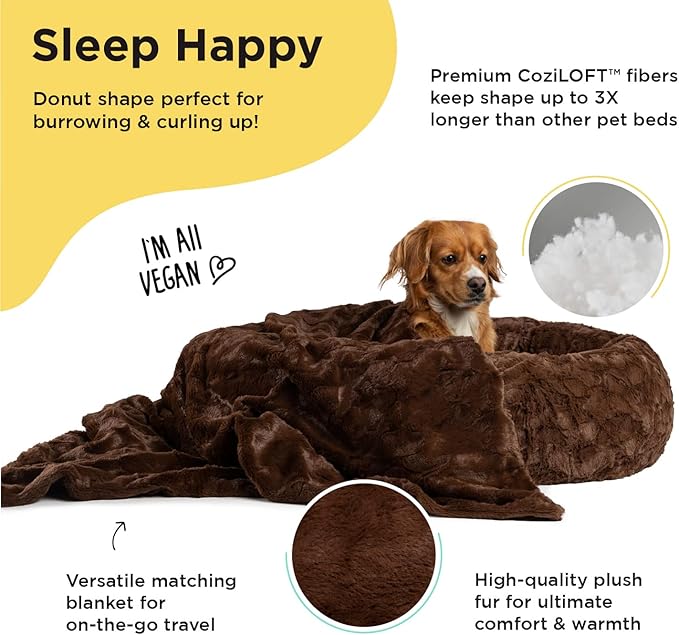 Best Friends by Sheri Bundle Set The Original Calming Lux Donut Cuddler Cat and Dog Bed + Pet Throw Blanket Dark Chocolate Medium 30" x 30"