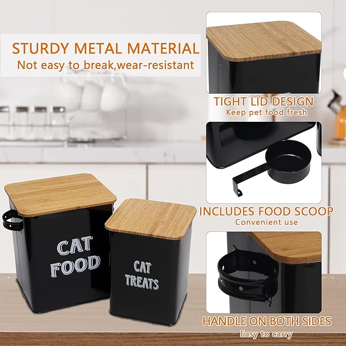 Cat Food and Treats Containers Set with Scoop for Cats or Dogs -Tight Fitting Wood Lids - Coated Carbon Steel - Storage Canister Tins-Cat-Black