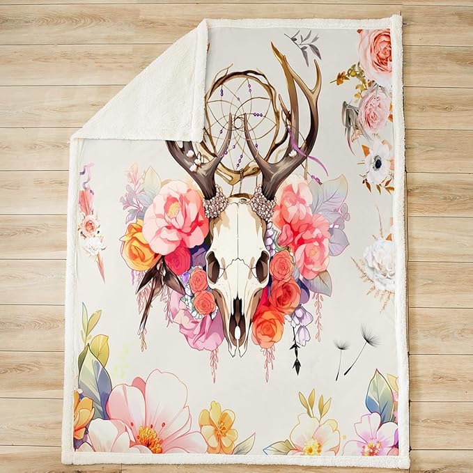 Deer Skull Fleece Throw Blanket for Girls Women Boho Dreamcatcher Floral Blanket Bohemian Dream Catcher Animal Skeleton Sherpa Blanket for Couch Sofa Bed Soft Arrow Fuzzy BlanketQueen 90"x90"