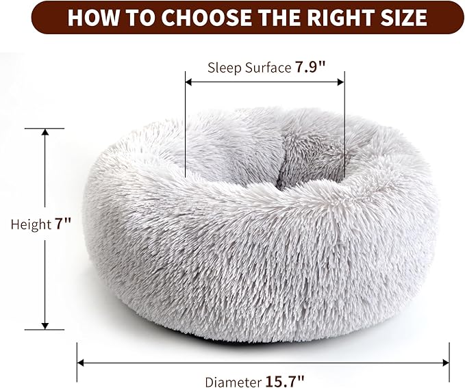 Calming Dog Bed for Cats and Small Dogs, Donut Washable Small Cat Bed for Indoor Cats and Dogs, Anti-Slip Round Fluffy Plush Faux Fur Pet Bed for Small Cats and Dogs (Grey, 15.7'')