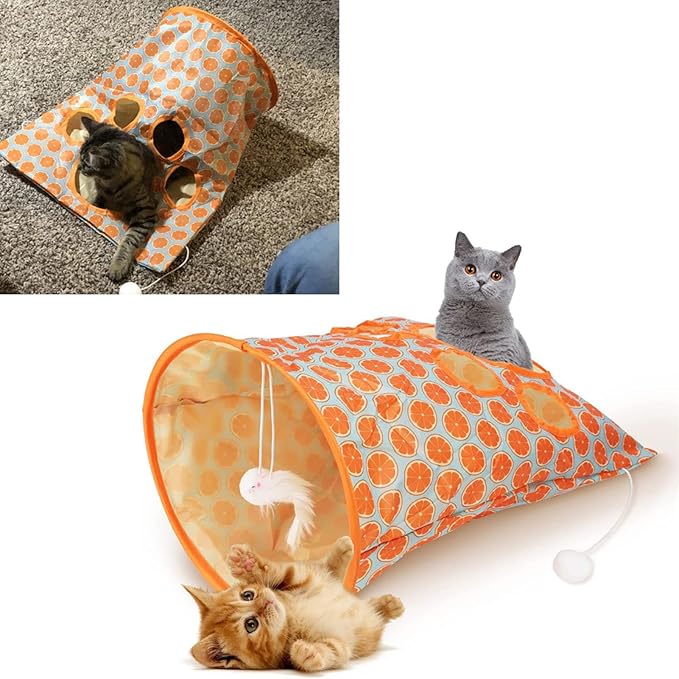 Cat Tunnel Toy,Cat Tunnel Bag for Indoor Cats,Foldable Interactive 5 Holes Crinkle Sounds Tunnel Cat Crinkle Bag for Small Medium Cat Play (Orange)