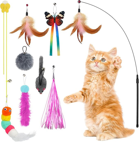 Interactive Cat Toys Cat Teaser Wand Set and Hanging Cat Door Toys with 8pcs Cat Feather Replacement Toys Mice, Cat Toys Kitten Toys for Indoor