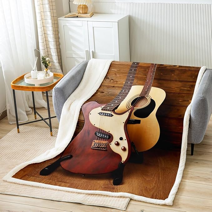 Erosebridal Electric Guitar Fleece Sherpa Blanket, Vintage Guitar Shop Brown Wooden Stripe Throw for Sofa, Retro Farm Style Musician Room Decor