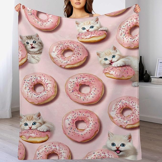 Donut Cat Blanket Donut Gifts for Girls Boys Woman Kids Donut Cat Lover Throw Blankets Soft Blanket Warm Fleece Flannel Plush Blankets for Bed Sofa Couch 60"x80"