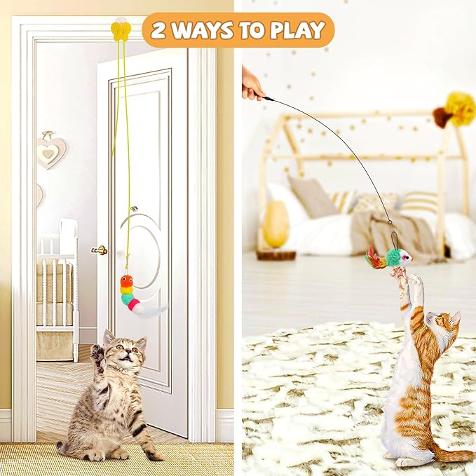 Interactive Cat Feather Toys Cat Teaser Wand Set and Hanging Cat Door Toys with 13pcs Cat Feather Replacement Toys Mice, Cat Toys Kitten Toys for Indoor