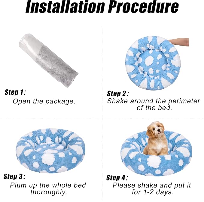 Calming Dog Bed, Dog Beds Fits up to 25 lbs Pets, Fluffy Donut Dog & Cat Bed Washable, Round Anti Anxiety Dog Bed, Small Dog Bed with Non-Slip Bottom (Blue, 24" x 24")