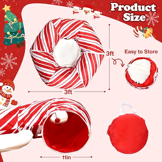 Cat Tunnel Bed Peekaboo Cat Cave Donut Under Christmas Tree Candy Cane Design Festive Decor Perfect for Small Medium Large Cats, Kittens, Rabbit, Ferret