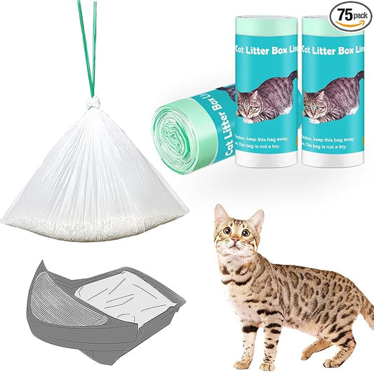 75 Pack Cat Litter Box Liner Bags Compatible with Litter Box Robot 4 and 3 Automatic Cat Litter Box, Thick Heavy Duty Drawstring Self-cleaning Litter Box Waste Drawer Liners, 9-11 Gallons Trash Bags