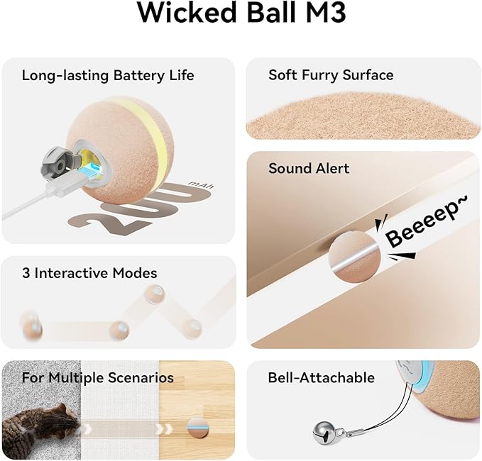 Cheerble 【2025 Upgrade】 Interactive Cat Ball Toy, Wicked Ball M3, Automatic Moving Ball Toy for Indoor Cat Kitten, Smart Anti-Depression Pet Toy Fun Gift with Light
