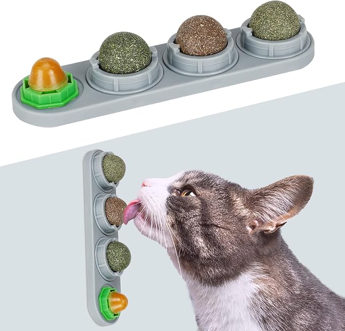 Catnip Ball for Cats Wall, 4 Pack, Silvervine Balls, Edible Toys, Lick Safe Healthy Kitten Chew & Teeth Cleaning Dental Toys, Wall Treats (Grey)