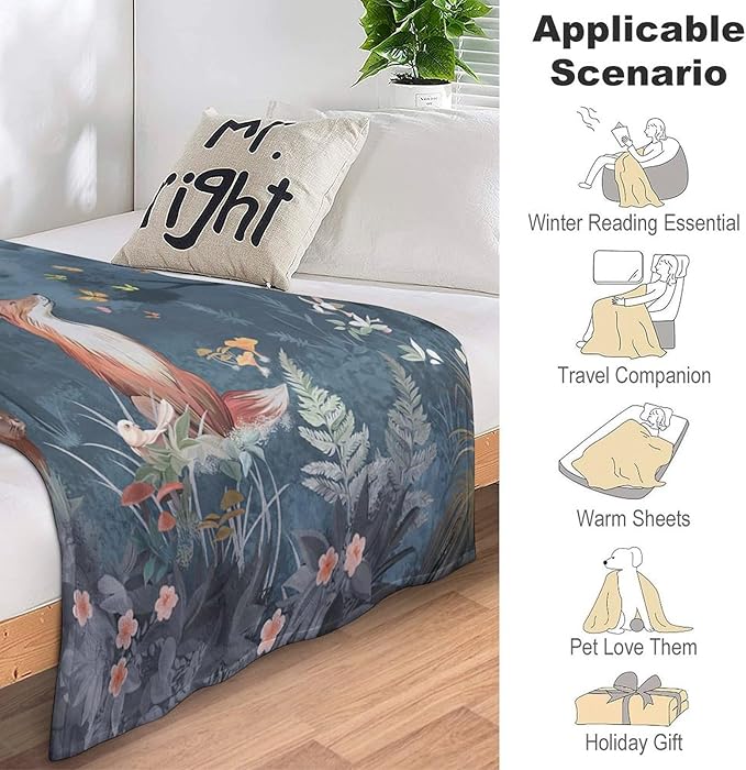 Fox Print Blanket Rabbit Red Panda Forest Animals Fresh Throw Blankets for Couch Sofa Bed Stuff Decor Soft Cozy Fleece Plush Warm Flannel Bedding Blanket Gifts for Baby Girls Boys Kids Adults 50"x60"