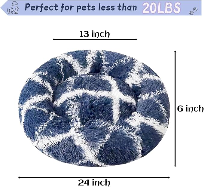 Dog Bed for Indoor, Faux Fur Calming Dog & Cat Bed 24' Anti-Anxiety Donut Soft Plush Cushion for Small Medium Dogs & Cats with Slip-Resistant Bottom(Cyan+White)