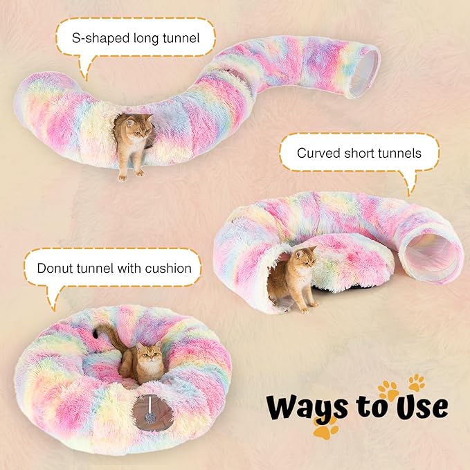 Avont Cat Tunnel Bed with Central Washable Cushion - Large Cat Tunnel Tube Toys 3 Shape to Play for Indoor Cats Kittens Puppies Ferret, Round Plush Fluffy Cat Bed with Tunnels -Rainbow