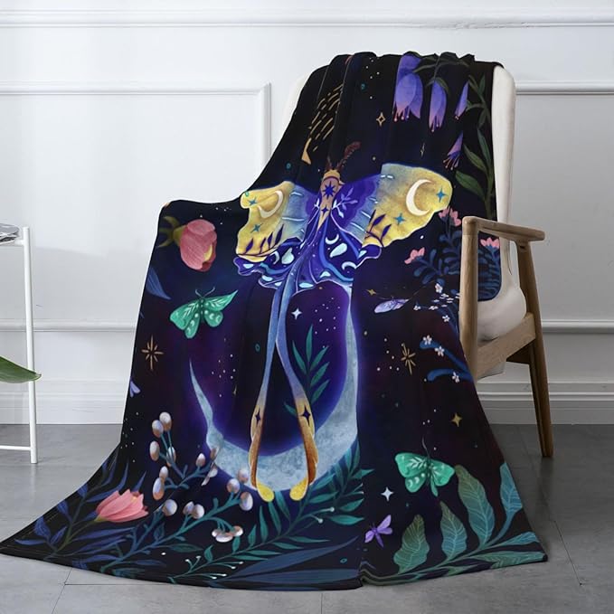 Moon Moth Throw Blanket Soft Cozy Lightweight Blanket for Couch, Bed, Sofa - Moth Pattern Decorative Plush Flannel Blanket for Women, Men, Adults 80"x60"