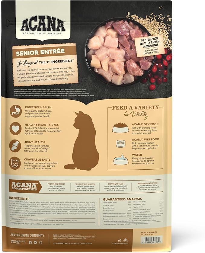 ACANA Senior Entree Dry Cat Food for Senior Cats (7+ Years), Free Run Chicken and Turkey Recipe, 10lb