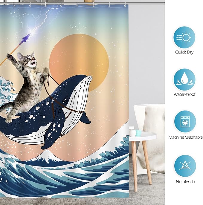 Aimego Extra Long Shower Curtain - Funny Cute Cat Riding Shark in Ocean Wave, Whale Cat Fabric Cloth Fun Bath Shower Curtain Set with 12 Hooks for Bathroom Decor Bathtub Curtain, 72"x84"