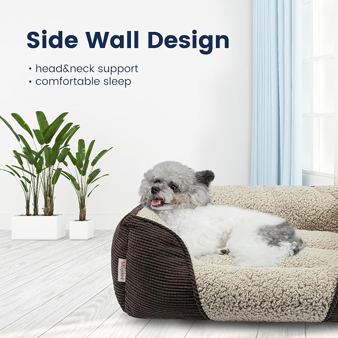Miguel Washable Cat Beds for Indoor Cats with Removable Cushion, Easy to Wash Small Pet Sofa Bed with Side, Rectangle Bolster Kitten Bed Calming Cuddle Puppy Bed with Anti-Slip Bottom, Brown 18 Inch