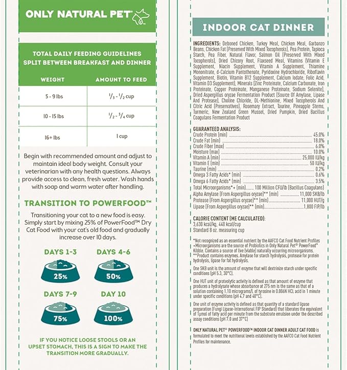 Only Natural Pet Powerfood Poultry Indoor Cat Dinner Dry Food - High-Protein Grain Free Kibble for Adult Cats, Made in USA and Supports Skin & Coat, Heart, & Immune Health, 10 Lb Bag