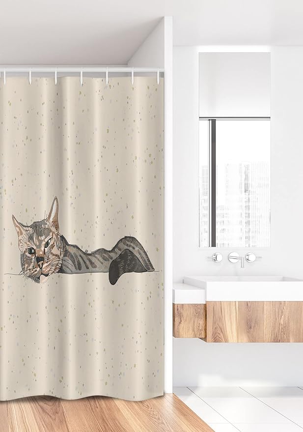 Ambesonne Cat Stall Shower Curtain, Lazy Sleepy Cat in Earth Tones Furry Mascot Indoor Pet Art Illustration, Fabric Bathroom Decor Set with Hooks, 36" W x 72" L, Grey Beige