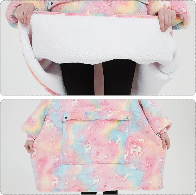 Glow in The Dark Wearable Blanket Hoodie for Adults Sherpa All Patterns Oversized Sweatshirt Blanket with Pockets Cute Gifts for Women Rainbow