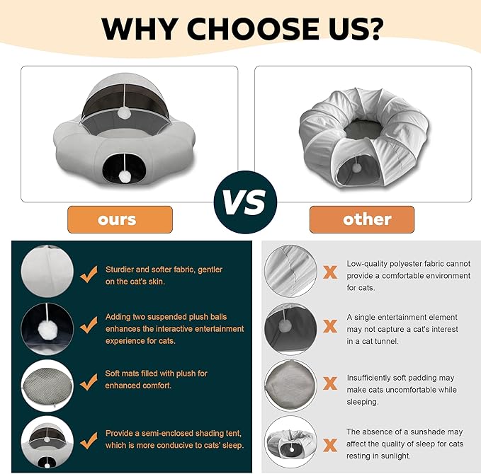 Large Cat Tunnel Bed, Cat Tent with Ball Toy, Cat Tunnel with Washable Central Mat, Detachable Straight Tunnel, Multifunctional Cat Toys for Indoor Cats (Cat Tunnel with Cool mat)