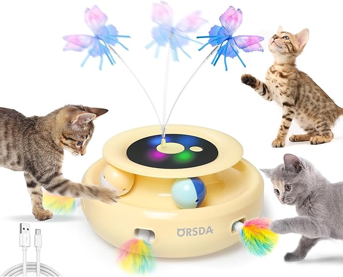 ORSDA Cat Toy, 3-in-1 Automatic Cat Toys for Indoor Cats, Electronic Whack a Mole, Fluttering Butterfly,Track Balls Kitten Toy, Rechargeable Power Interactive Feather Toys for All Breeds