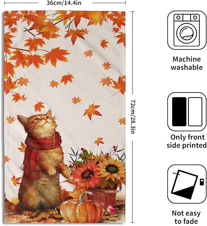 Giwawa Fall Cat Hand Towels Maple Leaves Kitchen Dish Towel Set of 2 Soft Fingertip Small Bath Towel Washcloths Decor for Hotel Spa Gym Sport